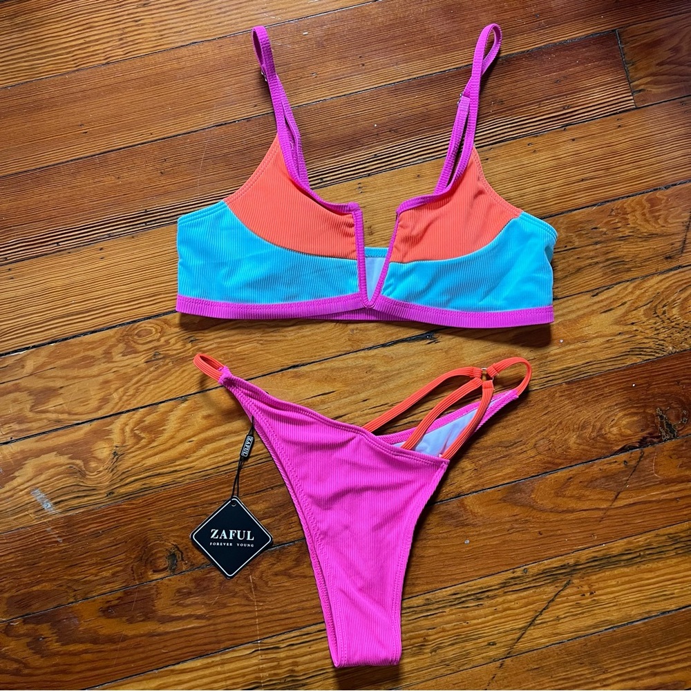 Zaful Pink and Teal Bikini Top